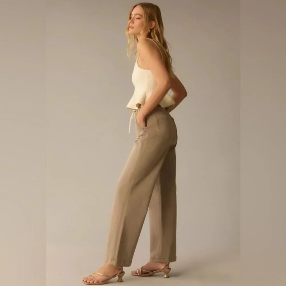 ANTHROPOLOGIE Paige Carly High-Rise Wide-Leg Jeans Moss Taupe Sz: 33 NWT - Picture 2 of 13